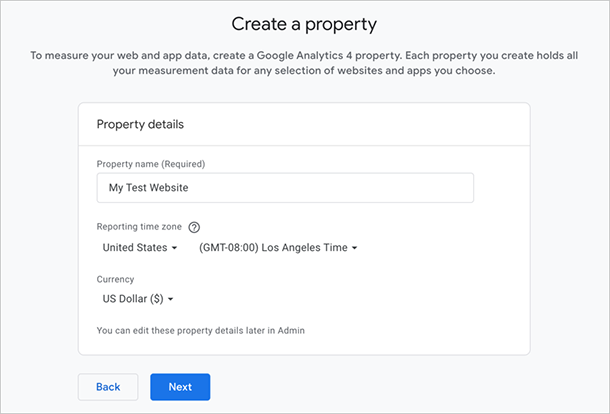 Google Analytics property name, time zone, and currency settings