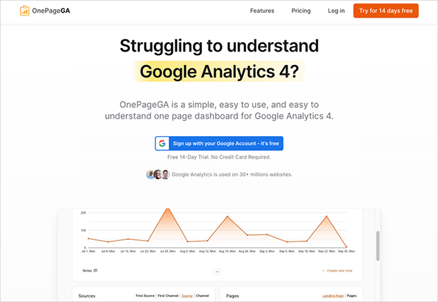 OnePageGA - Simple, easy to use, and easy to understand one page dashboard for Google Analytics 4