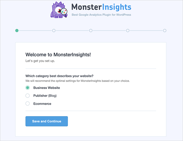 MonsterInsights setup wizard: Category