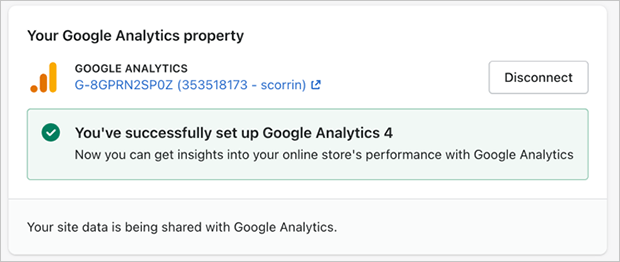 Shopify GA4 connection success message
