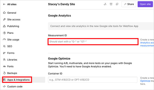 Add Measurement ID for GA4 to Webflow