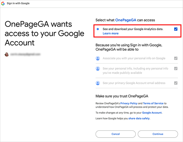 Selecting what OnePageGA can access