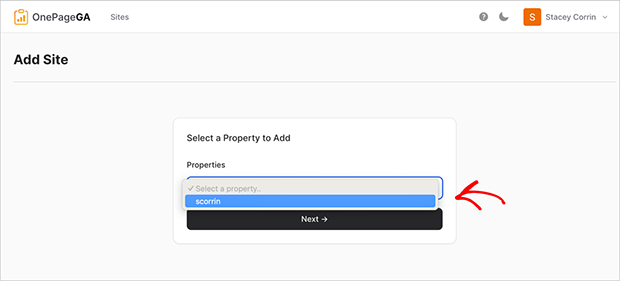 Select a Google Analytics property in OnePageGA