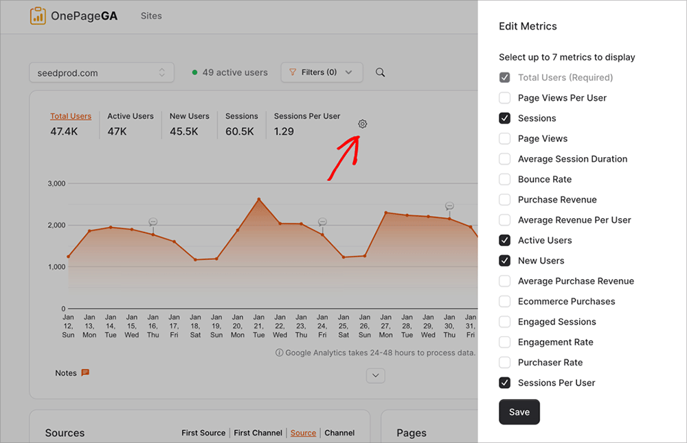 Editing metrics in OnePageGA