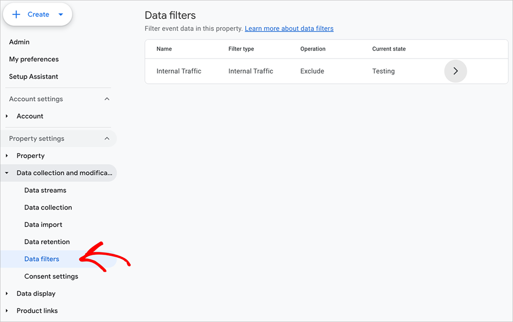 GA4-filters - OnePageGA GA4 data filters settings with internal traffic exclusion options