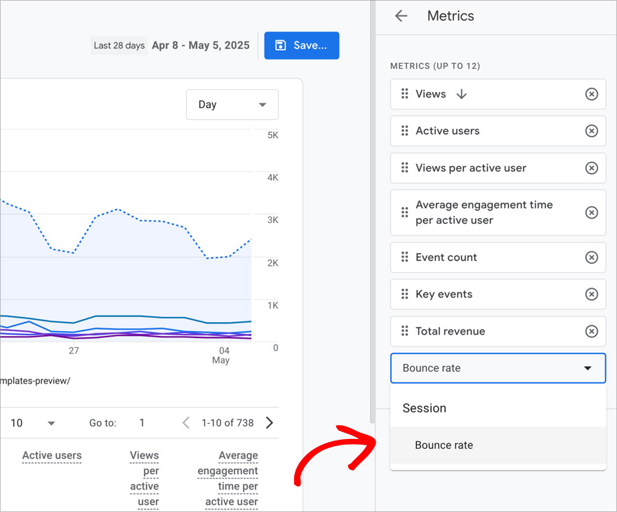 add-bounce-rate-ga4-report - OnePageGA Search for and add bounce rate metric to GA4 report customization
