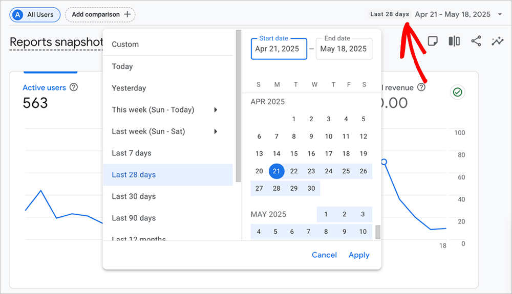 ga4-date-range - OnePageGA Google Analytics date picker interface showing calendar and range selector