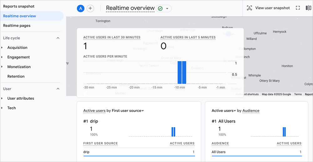 realtime-report-ga4 - OnePageGA Google Analytics 4 Realtime report displaying active users