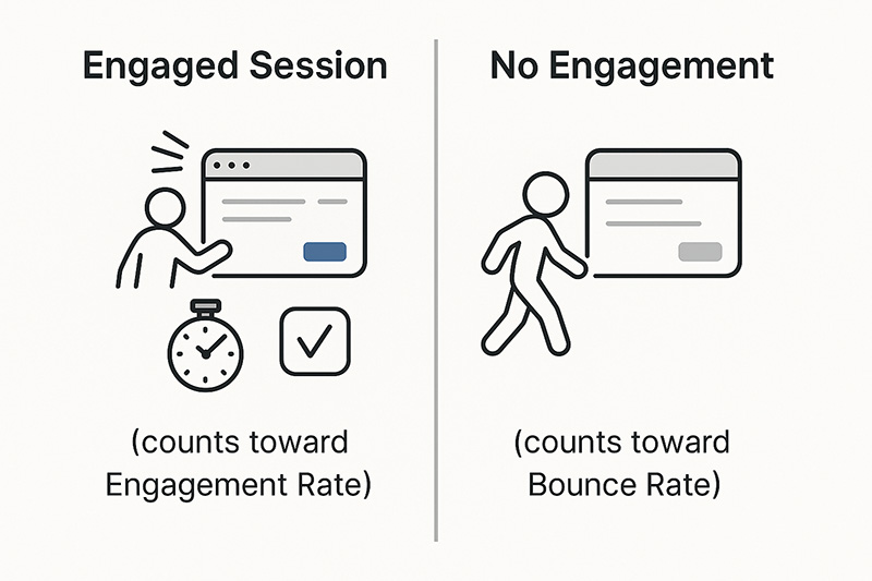 Side-by-side comparison of an engaged session versus a bounced session in GA4, showing user interaction, time on page, and conversion