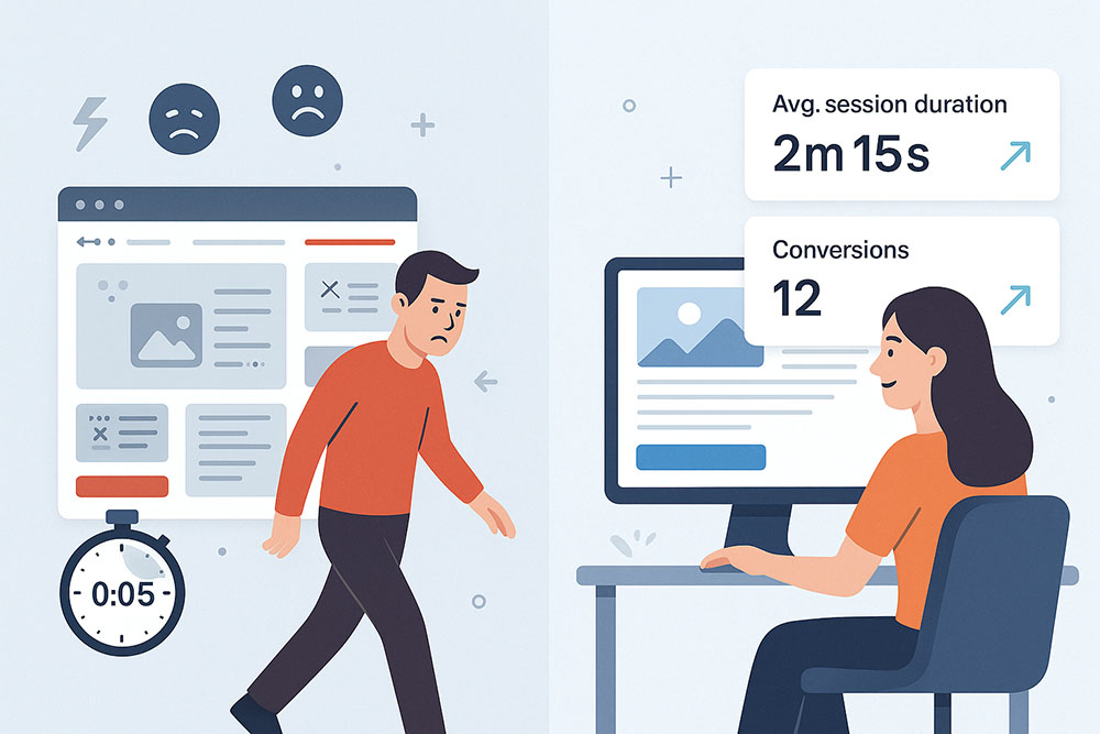 Illustration comparing two users on different websites. One user leaves a poorly designed page after five seconds, while the other stays engaged on a clean, user-friendly page with higher session duration and conversions.