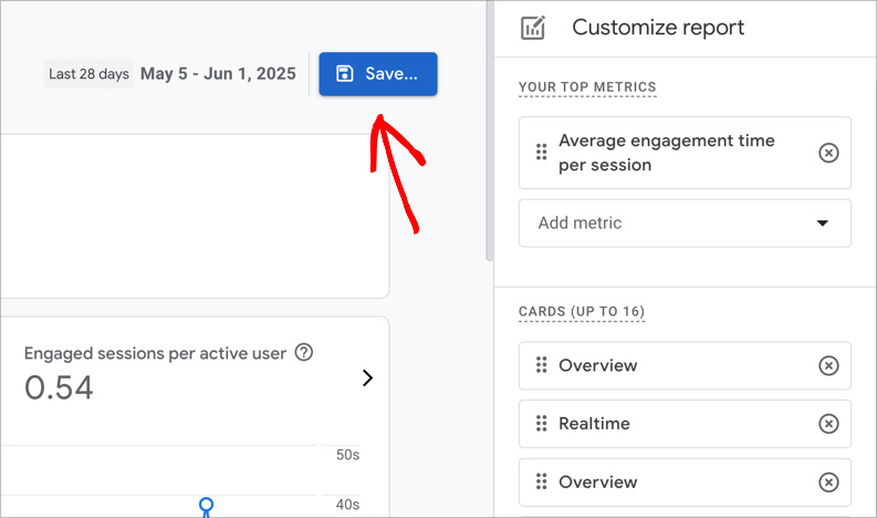Save your custom GA4 report with engagement per session mentric