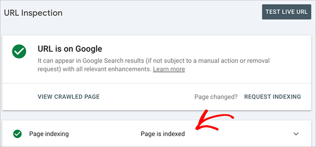 Google Search Console showing a page as indexed