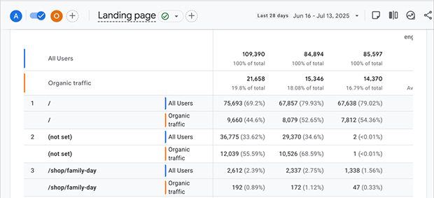 GA4 engagement report filtered for google / organic traffic