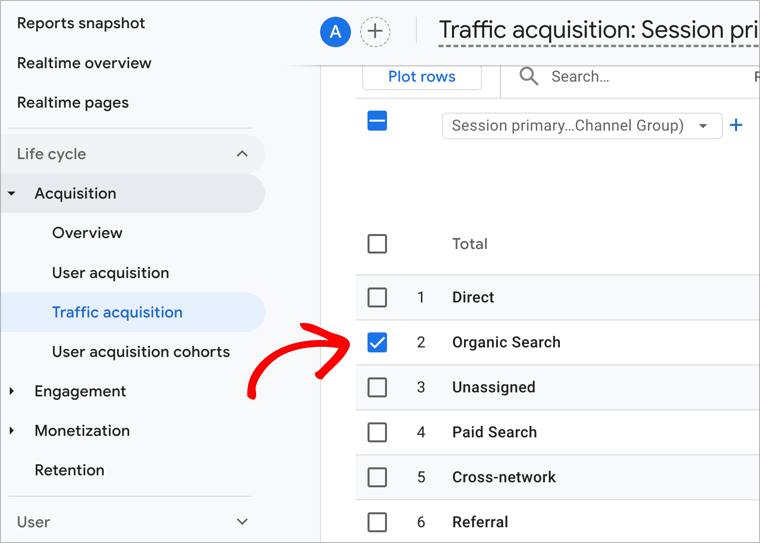 GA4 traffic acquisition report filtered for organic search traffic