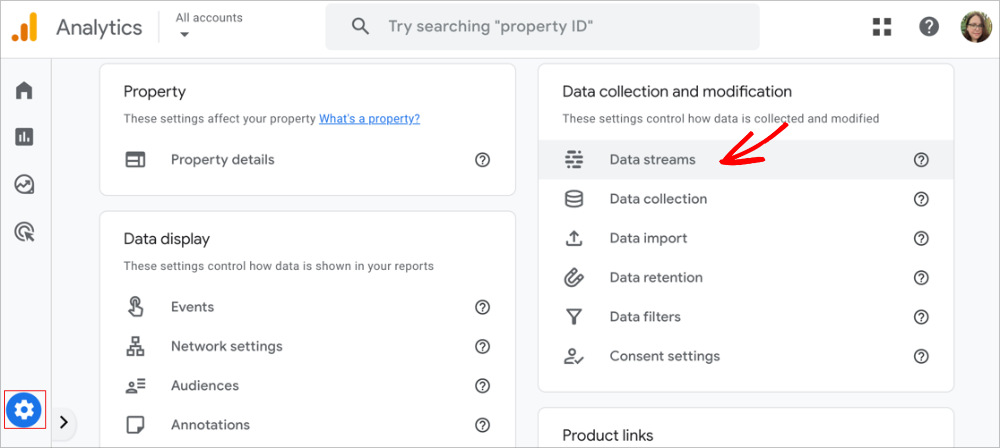 Google Analytics 4 Data Streams settings screen showing how to select a website stream