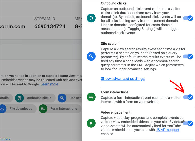 Cog icon in GA4 Enhanced Measurement menu where you can enable Form Interactions