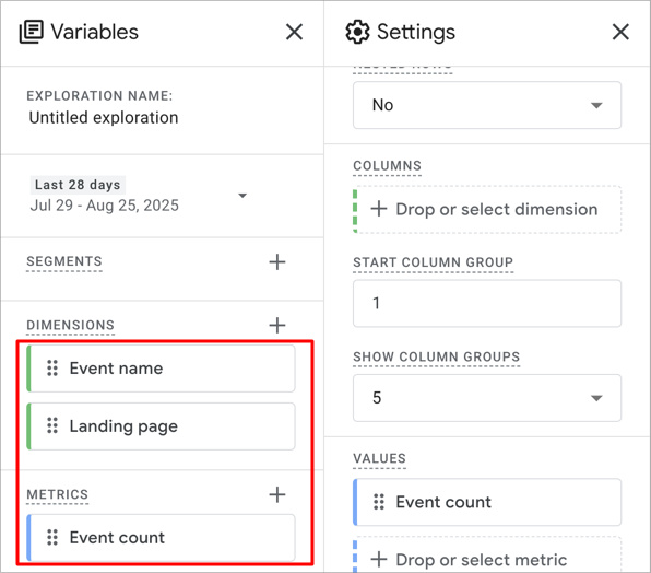 GA4 Explore setup with Event name and Landing page dimensions selected