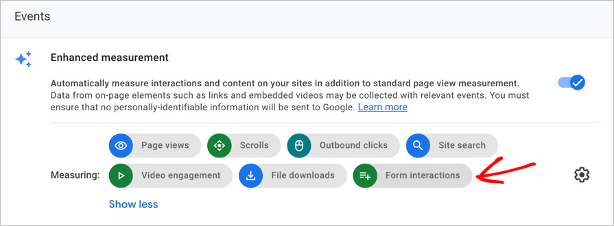 GA4 Enhanced Measurement settings with Form Interactions option highlighted