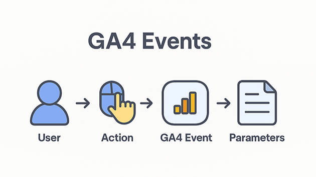 Illustration showing examples of GA4 events like clicks, page views, scrolls, and form submissions
