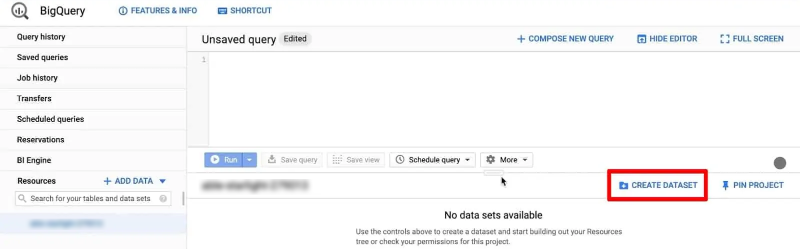Screenshot-of-BigQuery-with-Create-Dataset-button - OnePageGA Screenshot of a Google BigQuery project showing Universal Analytics export tables.