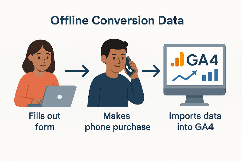 offline-conversion-data-ga4 - OnePageGA Illustration showing a customer filling out a form, making a phone purchase, and data imported into GA4.