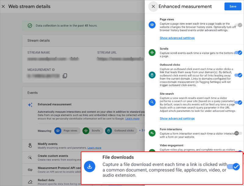 enhanced-measurement-file-downloads- enabled - OnePageGA Enhanced Measurement settings showing file download tracking enabled in GA4