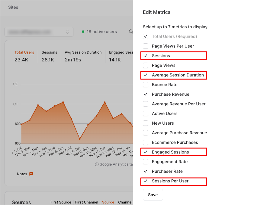 Edit metrics toggle in OnePageGA selecting session metrics like average session duration.